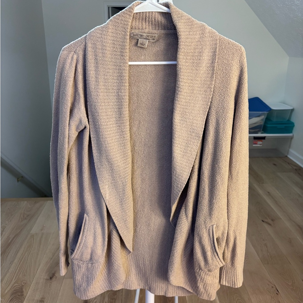 Barefoot Dreams Cardigan Size S has been worn & washed. Beige / tan in color